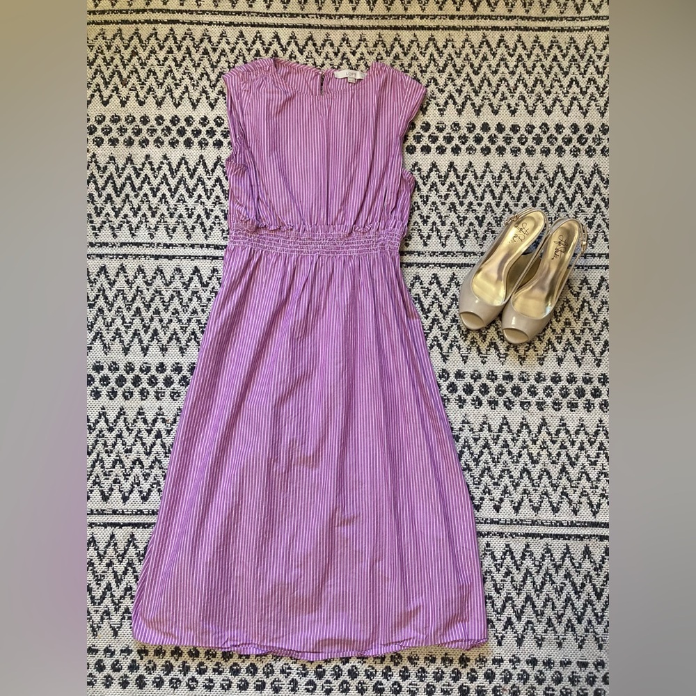 LOFT Lavender Stripe Smocked-Waist Midi Dress